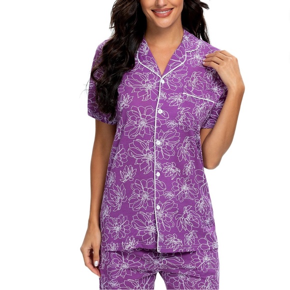 NWT Peony Pajama Set Purple Floral White Long Sleeve - Picture 2 of 5
